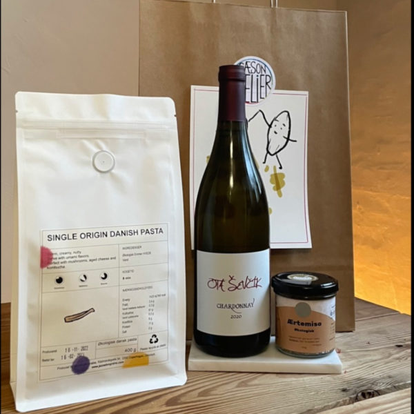 A gift set: A bag of Pasta made of local Emmer, a jar of Miso from Mac Ferments, and a bottle of wine Chardonnay from Seasonmilier.